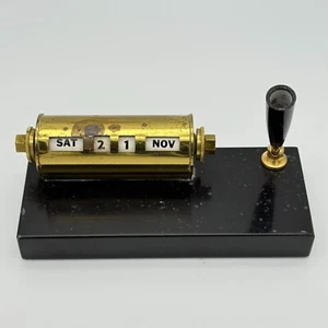 Vintage Marble & Brass Scrolling Calendar Pen Holder Ink Well Desk Implement - Picture 1 of 10
