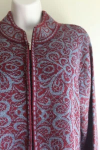 Peruvian Intarsia Cardigan Zip Sweater L Wine Gray Alpaca Blend Florentine Motif - Picture 1 of 7