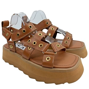 Asra Sonnie Platform Sandal, Leather Eyelet Touch-Strap, Size 36, UK 3 Spice Tan - Picture 1 of 16