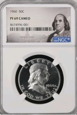 :1960-P 50C FRANKLIN HALF DOLLAR NGC PF-69-CAMEO RARITY R6 42/6 HIGHEST GRADES - Image 1 of 2