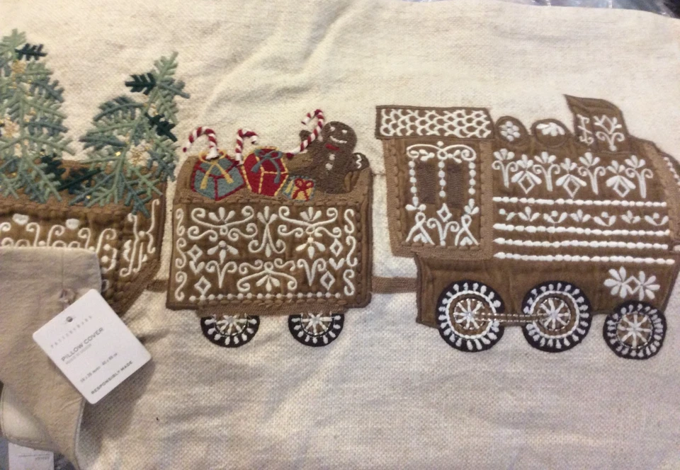 Pottery Barn Gingerbread Train Embroidered Lumbar Pillow Cover 16x26 Holiday NWT - Image 1 of 1