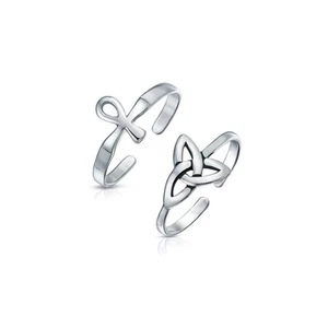 Set of 2 Egyptian Ankh Cross and Celtic Trinity Knot Midi Toe Ring Silver - Picture 1 of 5
