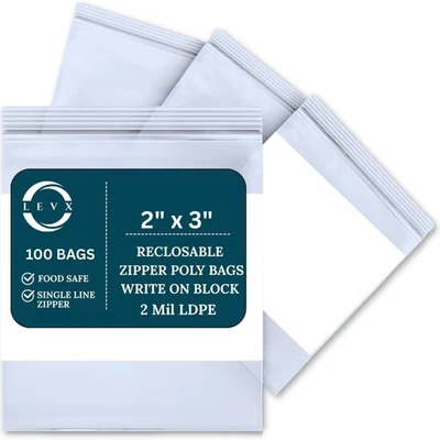 2" x 3" Reclosable Zipper Poly Bags With Write on Block 2 MIL LDPE (100-1000) - Image 1 of 4