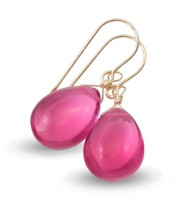 Pendientes de zafiro simulado rosa caliente lágrimas lisas delicadas oro de 14k de ley Foto 1 de 4