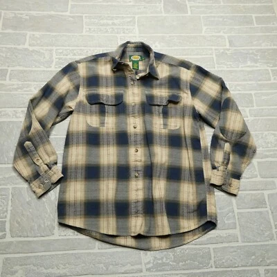 Cabelas Shirt Adult M Sandy Blue Tartan Plaid Cotton Button Up Elbow Patches - Image 1 of 4