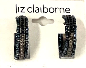 NWT Liz Claiborne Black Tone Glass Beaded 1" Pierced Hoop Earrings - Picture 1 of 4