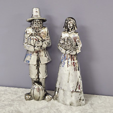 THANKSGIVING Pilgrim Couple Figurines All Metallic Silver Tone RARE 9.5"