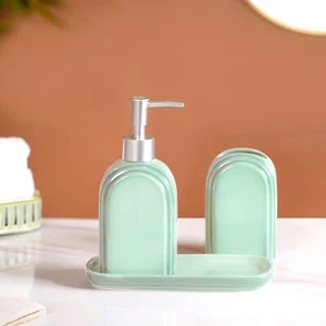Bathroom Accessories Set of 3 Ceramic Soap Dispenser Toothbrush Holder & Tray - Picture 1 of 4