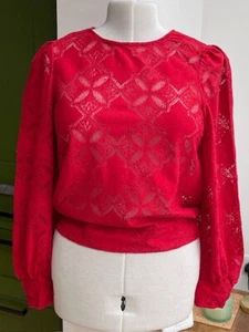Ladies Nest size 12 red lace contrast long sleeve blouse, cotton blend - Picture 1 of 9