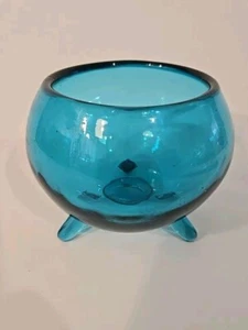 Vintage Glass Teal/Blue Bowl, 3 Footed Flower/Rose Vase - Picture 1 of 6