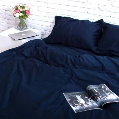 Natural Cotton Satin Duvet Cover in Dark Blue Twin Full Queen King Custom Size - Image 1 of 3