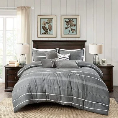 Porter 7-Piece Gray White Modern Striped Yarn Dyed Jacquard Woven Comforter Set - Image 1 of 4