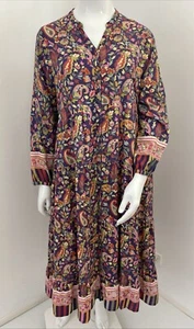 Adrift 3XL Colourful Floral Paisley Tiered A Line Button Up Dress Velvet Trim - Picture 1 of 18