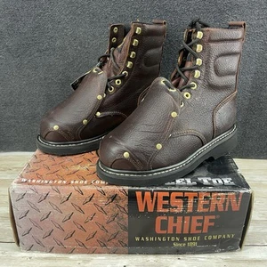 WESTERN CHIEF STEEL TOE MET GUARD BROWN LEATHER BOOTS MEN'S US 6.5 EE - Picture 1 of 12