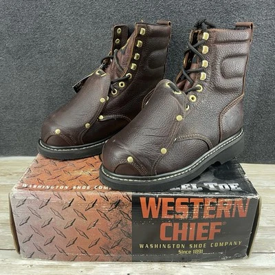 WESTERN CHIEF STEEL TOE MET GUARD BROWN LEATHER BOOTS MEN'S US 6.5 EE - Image 1 of 4