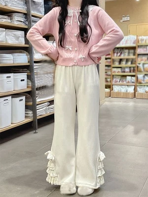 Pantalones sueltos informales de pana de pierna ancha cintura elástica japoneses para niñas mujeres Foto 1 de 4