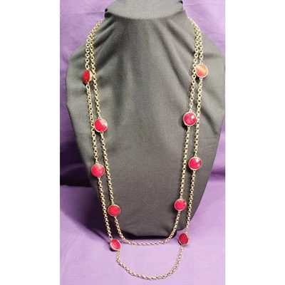 Charming Charlie Long Two Layer Gold Tone & Red Bead Necklace And Earrings Set - Image 1 of 4