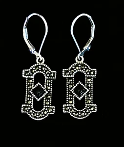 JUDITH JACK 925 Sterling Silver Marcasite Onyx Drop Earrings Pierced Art Deco - Picture 1 of 6
