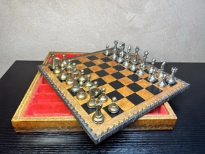 Vintage 10” Classic Staunton Brass and Nickel-Plated Portable Leather Chess Set - Picture 1 of 16