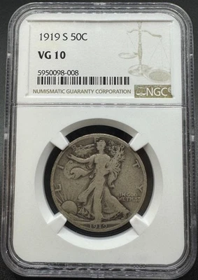 1919-S WALKING LIBERTY SILVER HALF DOLLAR NGC VG10 11EF25 - Image 1 of 4