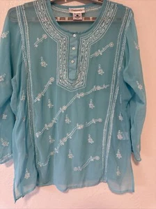 Chadwick’s transparente Bluse 3/4 Arm blau weiß bestickt Größe 16 Large - Bild 1 von 7