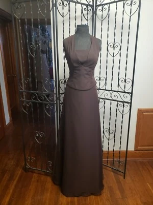 Halter de gasa sin mangas para dama de honor aspecto de 2 piezas cintura vasca alina chocolate talla 4 Foto 1 de 4