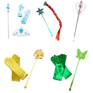 Girls Crown Magic Wand Gloves Tiara Plait Set Belle Rapunzel Tinkerbell Mermaid - Picture 1 of 41