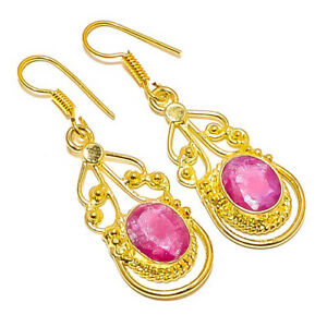 Ruby (Lab-Created) Silver 18k Yellow Gold Plated Earring 1.95" E7624-620
