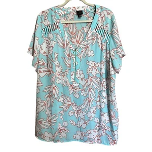 Worthington Top Womens 3X Multicolor Floral Print V Neck Popover Blouse - Picture 1 of 9