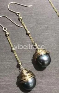 Handmade 14-16mm black SouthSea baroque pearl earring 9k gold - Picture 1 of 1