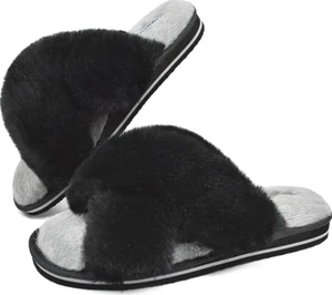Womens Fuzzy Fur Cross Band Slides Open Toe Slippers Yoga Insole Black/Gray 6 - Picture 1 of 7
