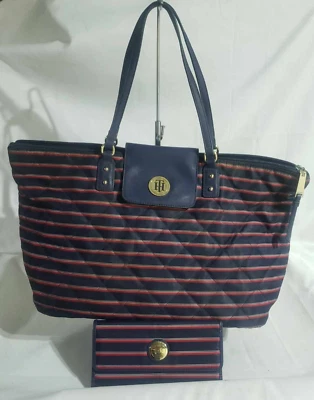 Tommy Hilfiger Navy & Red stripe fabric quilted tote/shoulder bag women w/wallet - Image 1 of 4