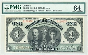 1911 $1 Dominion of Canada, DC-18d, Black Line, No Hyphen, Choice UNC, PMG UNC64 - Picture 1 of 2