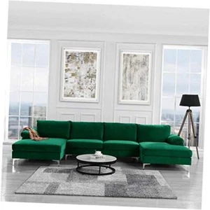  Modern Large Velvet Fabric U-Shape Sectional Sofa, Double Extra Wide Green - Picture 1 of 7