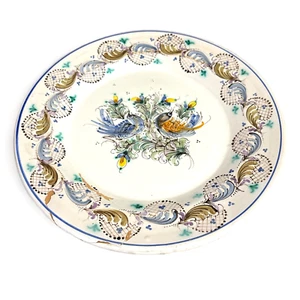 Handbemalter signierter Teller Vögel Blumendesign 9" rund Wandbehang repariert - Bild 1 von 8