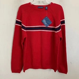 John Ashford Sweater Red Knit Crew Neck Navy Blue/White Stripe Pullover Sz M NEW - Picture 1 of 5
