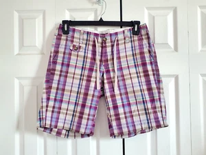 Eddie Bauer Shorts Womens Sz 6 Purple Plaid Mid Rise Bermuda Classic Zip Cotton - Picture 1 of 11