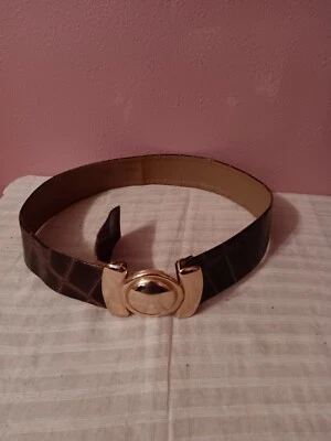 Cinturón de cuero vintage An ABBE Creation hebilla dorada marrón estampado animal 31 pulgadas Foto 1 de 4