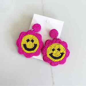 Smiley Face Flower Pink Yellow Beaded Pierced Earrings