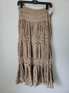 Chaudry Kc Crochet Beige Maxi Skirt Medium Tiered Beaded Boho Neutral Earthy - Picture 1 of 14
