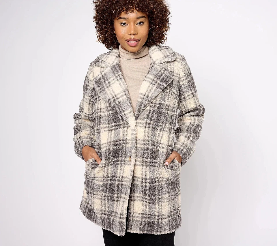 Abrigo de peluche Joan Rivers Classics Collection Petite Plaid Sherpa gris 1X nuevo Foto 1 de 1