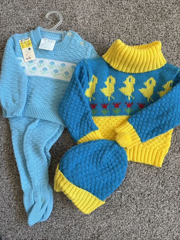 VINTAGE Ragazze GLO-KNIT 2 PEZZI OUTFIT BAMBINO 0-6m Giappone Nuovo con etichette e 18m Maglione Cappello Set - Immagine 1 di 4