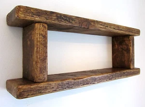 70CM HANDMADE RECLAIMED DISTRESSED PLANK WOOD RUSTIC BROWN WAXED 2 TIER SHELF - Picture 1 of 5