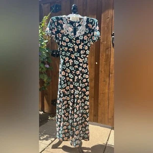 Vintage 80’s En Focus Culotte Jumpsuit Dark Green Floral Lace Collar Size S EUC - Picture 1 of 8