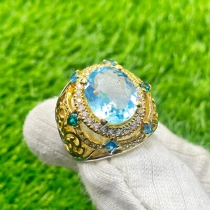 Anello Acquamarina Argento Sterling Due Toni, 5,0 Carati - Regalo Pietra Nascita Marzo - Foto 1 di 13