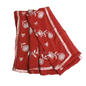 Red Dress Indian Women Wrap Dress Embroidered Home Decor 5Y Georgette Sari 5YD - Picture 1 of 7