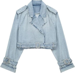 Women Jean Trench Coat Crop Double Breasted Lapel Denim Jacket Fall Long Sleeve - Picture 1 of 13