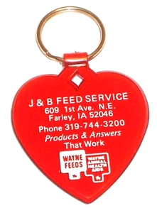Vintage NOS Wayne Feeds J&B Feed Service Farley, Iowa Red Heart Shaped Keychain - Picture 1 of 3