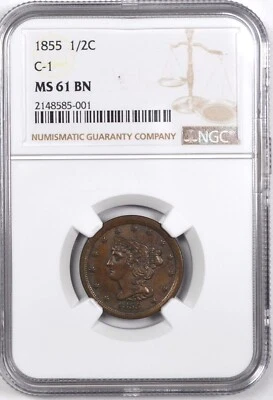 1855 C-1 BRAIDED HAIR HALF CENT 1/2C NGC MS 61 BN - Image 1 of 2