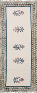 Hand Block Floral Printed Cotton Rug, Contemporary Floral Boho Pattern Area Rug - Picture 1 of 12
